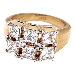 Vintage 1970s CZ Cluster Ring Six Princess Cut Stones Gold Plated Size 7 - 5W